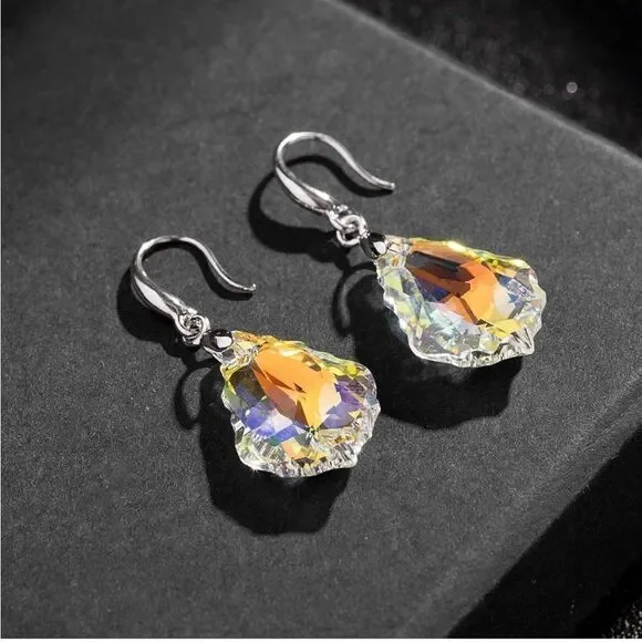 Silver with Iridescent AB Austrian Crystal Baroque Dangling Drop Hook Earrings
